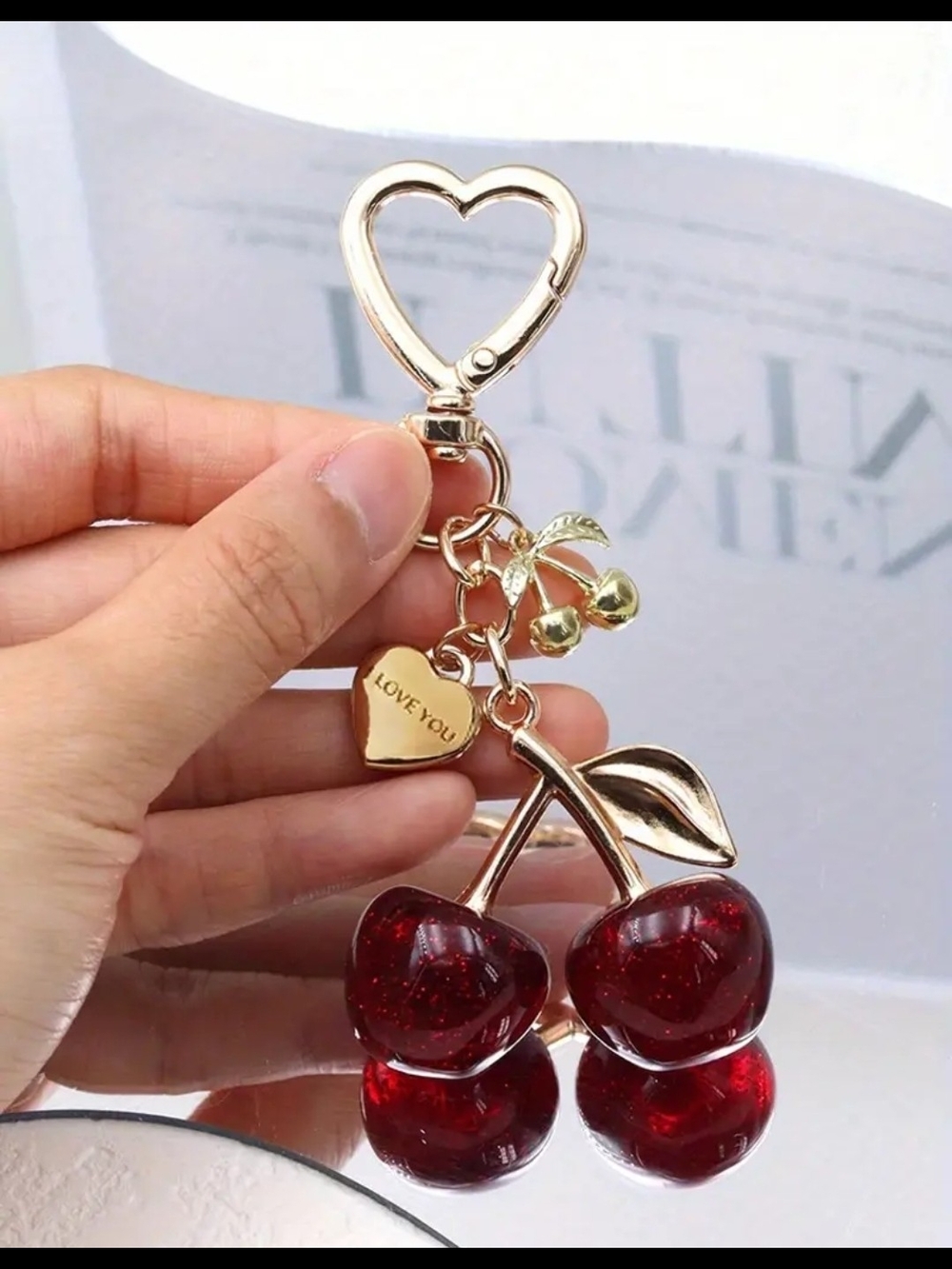 Gold-Tone Cherry Key & Card Holder Charm - Red